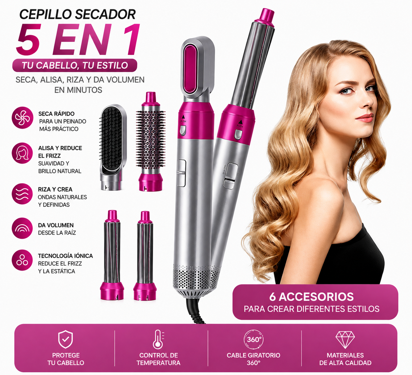 ✨ Cepillo Secador 5 en 1 – Seca, Alisa, Riza y Da Volumen