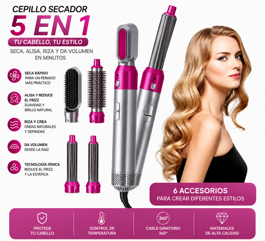 ✨ Cepillo Secador 5 en 1 – Seca, Alisa, Riza y Da Volumen