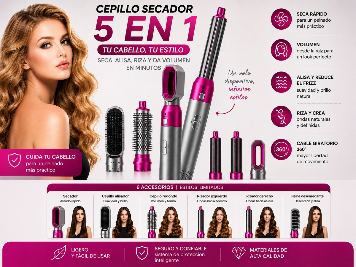 ✨ Cepillo Secador 5 en 1 – Seca, Alisa, Riza y Da Volumen